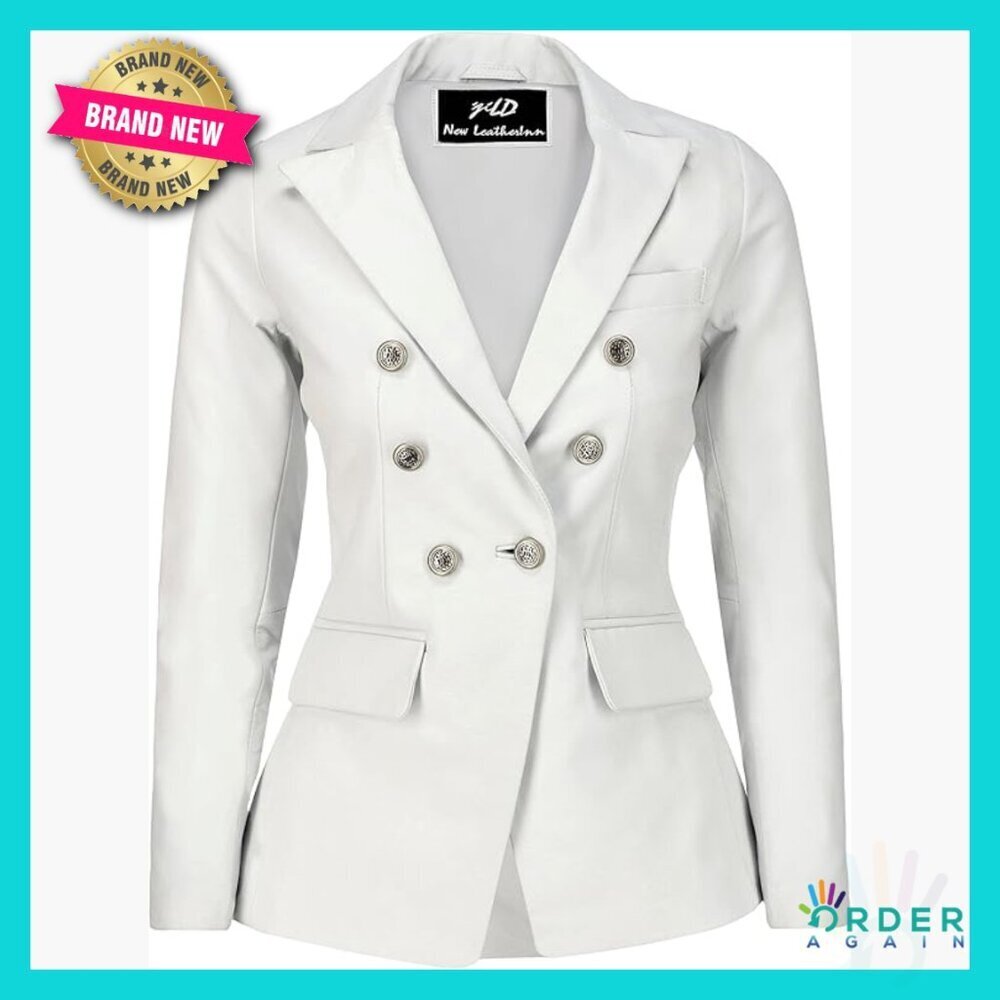 Double Breasted Lambskin Leather Blazer Slim Fit Elegant Coat Style Jacket